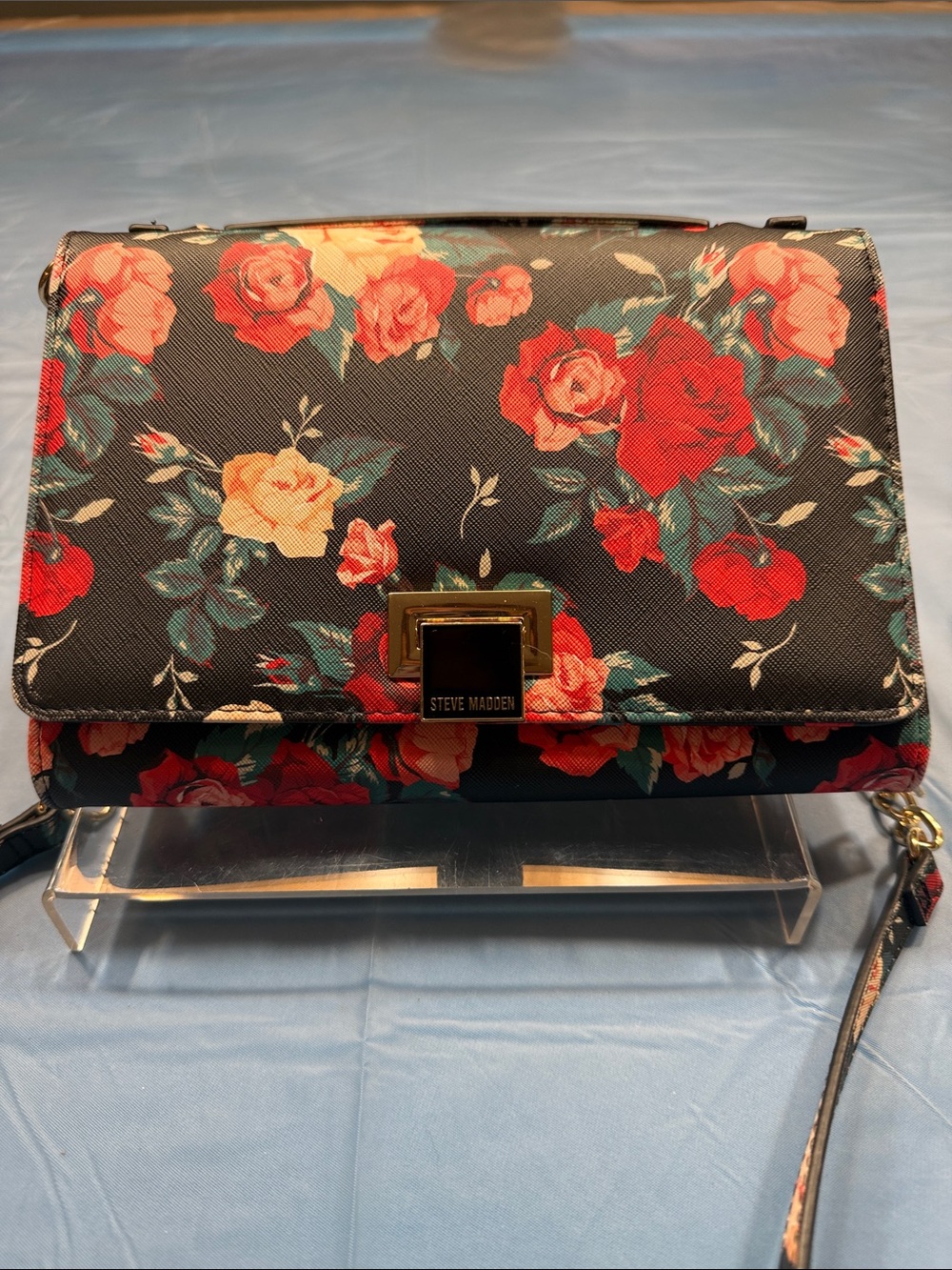 Steve Madden Black Floral Crossbody Bag with Red and Cream Roses